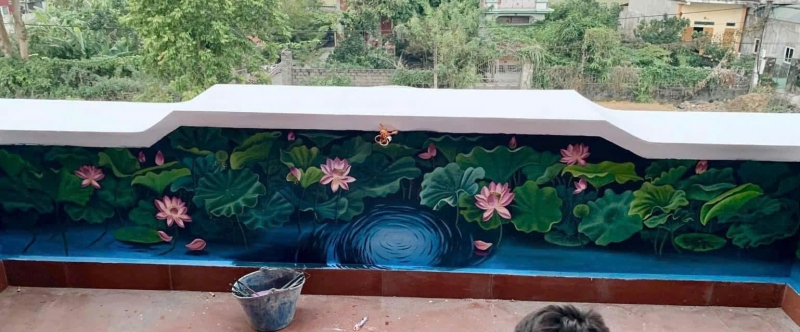 Tranh vẽ đầm sen trên ban công